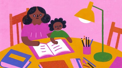 Naklejka premium African female adult and child reading together in colorful illustration scene.
