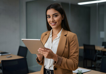Young Hispanic businesswoman standing confidently in a bright modern office. Smiling corporate leader, professional manager, or ambitious entrepreneur looking at the camera while holding a tablet