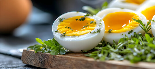 Close-up of halved hard-boiled eggs on a wooden board with fresh herbs, in a kitchen setting, perfect for healthy eating recipes or breakfast food blogs