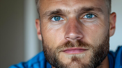 Fototapeta premium Man with blue eyes, serious expression, indoor portrait