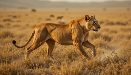 Fototapeta premium Lioness Walking Gracefully Across Golden Grassland at Sunset