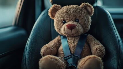 Cute Teddy Bear Securely Buckled in a Car Seat for Safety