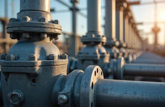 Close-up of pipeline with oil, gas valves at sunset. Pressure safety valve selective focus. Metallic pipes, iron flanges, industrial equipment at refinery petrochemical plant convey fluids. Energy