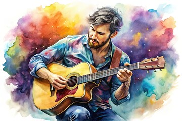Obraz premium Silhouette Acoustic Guitarist Watercolor Painting AI Art