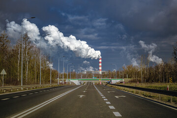 smoke from the chimney and road