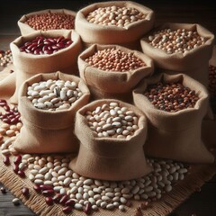 Fototapeta premium Several burlap sacks are overflowing with different types of beans and legumes.&nbsp; 