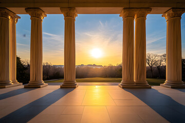 Majestic Pillars: Symbolic Structures Amidst a Serene Twilight Landscape