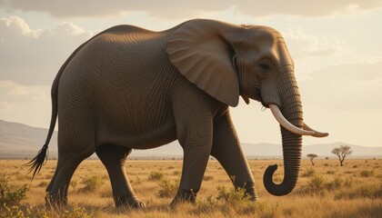 Fototapeta premium Majestic Elephant Walking through the African Savanna at Sunset