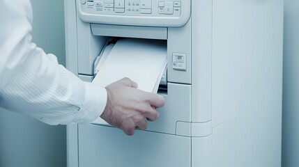 Close Up of Hands Loading Paper into an Office Printer with Neutral Color Tone
