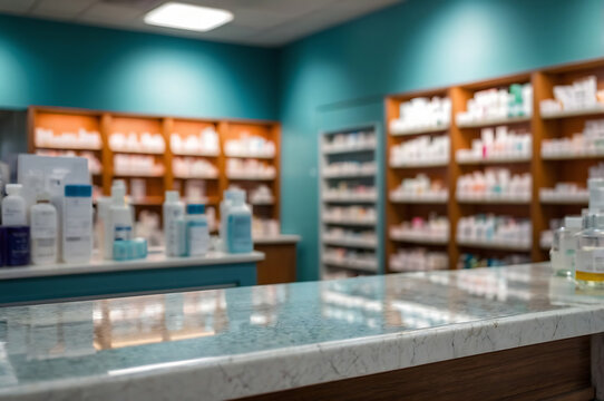 pharmacy drugstore counter table with blur abstract background with medicine and healthcare product on shelves