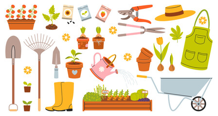 Set of home gardening tools and plants in pots, illustrations in hand drawn style. Agricultural and garden tools for spring work. Potted plants, sprouts, greenhouse, vegetables, flowers, seeds. Vector