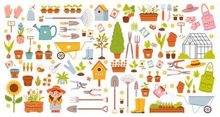Big Set of home gardening tools in hand drawn style. Agricultural and garden tools for spring work. Potted plants, sprouts, greenhouse, vegetables, flowers, seeds. Vector, isolated
