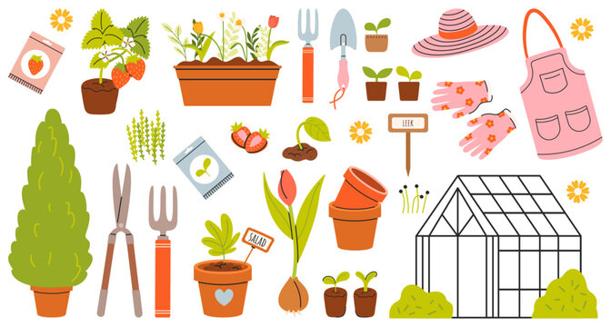 Set of home gardening tools and plants in pots, illustrations in hand drawn style. Agricultural and garden tools for spring work. Potted plants, sprouts, greenhouse, vegetables, flowers, seeds. Vector