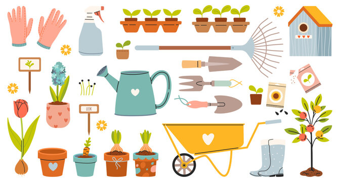 Set of home gardening tools and plants in pots, illustrations in hand drawn style. Agricultural and garden tools for spring work. Potted plants, sprouts, greenhouse, vegetables, flowers, seeds. Vector