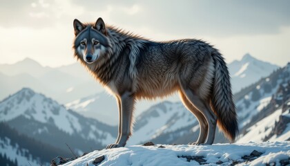 Obraz premium Majestic Wolf Standing on Snowy Mountain Ridge at Sunset