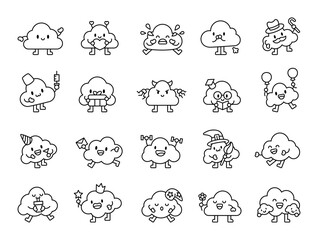 Obraz premium Adorable set cute kawaii cloud characters with different emotions, accessories, and activities, including love, celebrations, reading, sports, magic, sleeping, and family moments