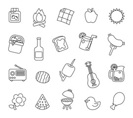Picnic set with cute object outline clipart featuring food, drink, barbecue, music, nature, summer elements, cozy atmosphere, and outdoor fun moments for creative designs