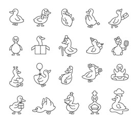 Duck bird set with cute kawaii cartoon characters in different poses emotions and accessories for birthday celebration romantic moments and everyday activities for cheerful creative designs