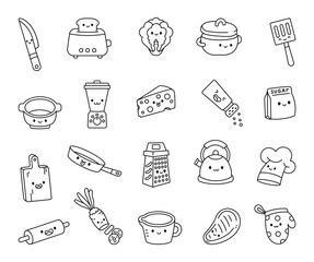 Adorable kawaii kitchen cooking set featuring smiling utensils, cookware, and food items, bringing fun and charm to meal preparation, baking, and everyday culinary adventures at home