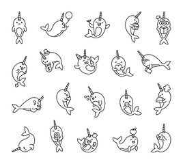 Narwhal character set with adorable cartoon emotions and fun activities, featuring business, celebration, magic, reading, gifts, heartwarming moments © palau83