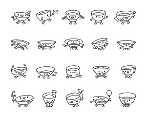 Adorable plate character set showcasing a festive party hat, wineglass, greeting, romantic valentines heart, fun smartphone selfie, and delightful ice cream enjoyment