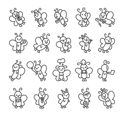 Butterfly character set featuring adorable wings, expressive emotions, magical elements, festive accessories, and charming details in a cute kawaii cartoon style for creative illustrations
