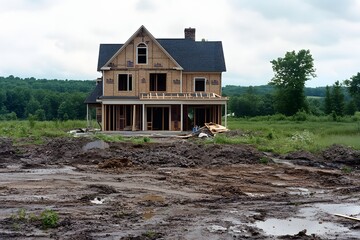 Under Construction House with Wood Frame and Open Walls on a Muddy Field