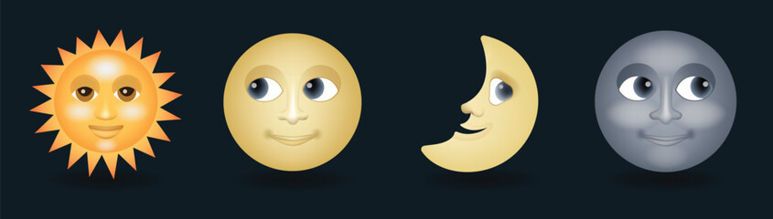 Sun with smiling face, half and full moon face vector emoji illustration isolated on dark background
