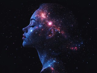 Silhouette of Millennial Woman Filled with Galaxies and Stars, black background