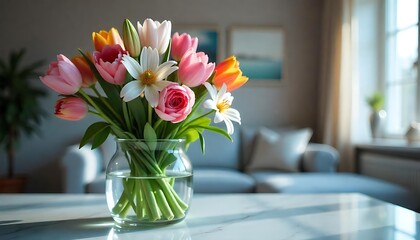 Vibrant tulip bouquet in glass vase on table softly lit room