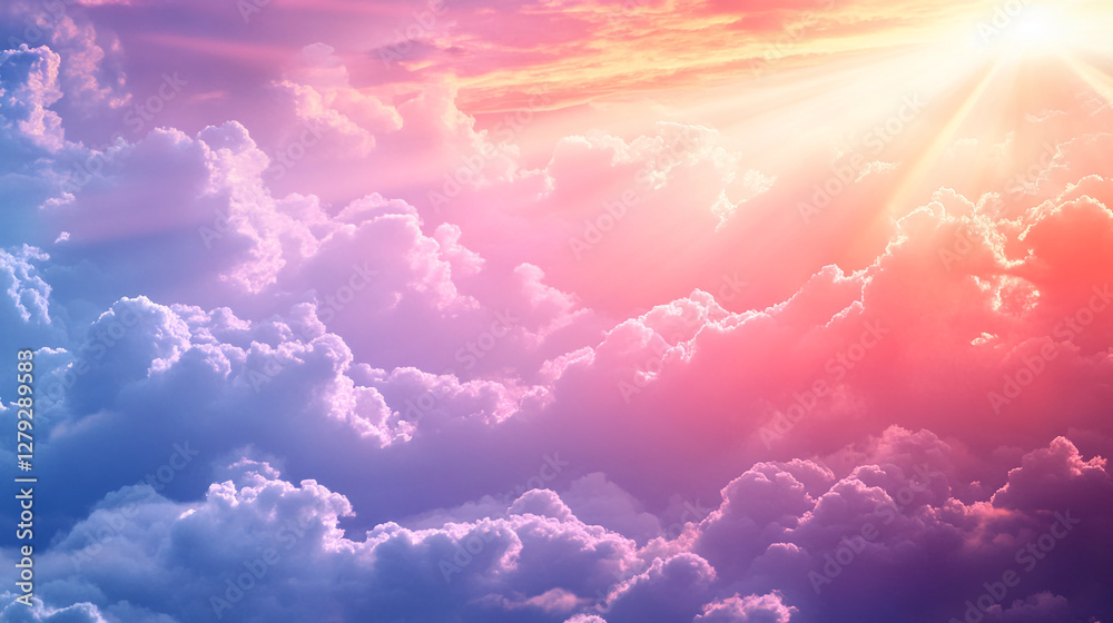 Poster a vibrant and colorful sky filled with soft clouds and sun rays, creating a serene atmosphere, symbo