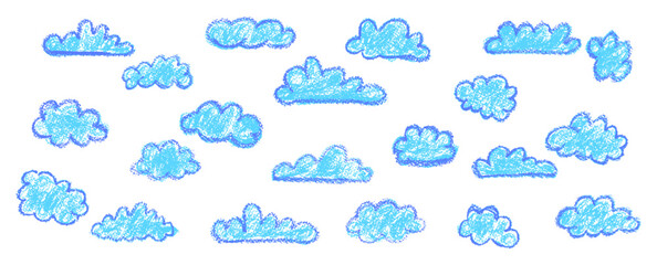 Set of abstract pencil clouds. Hand drawn cartoon cloudy sky. Vector illustration of collection of blue eddy on white background. Imitation of a child's drawing with pencils on blackboard.