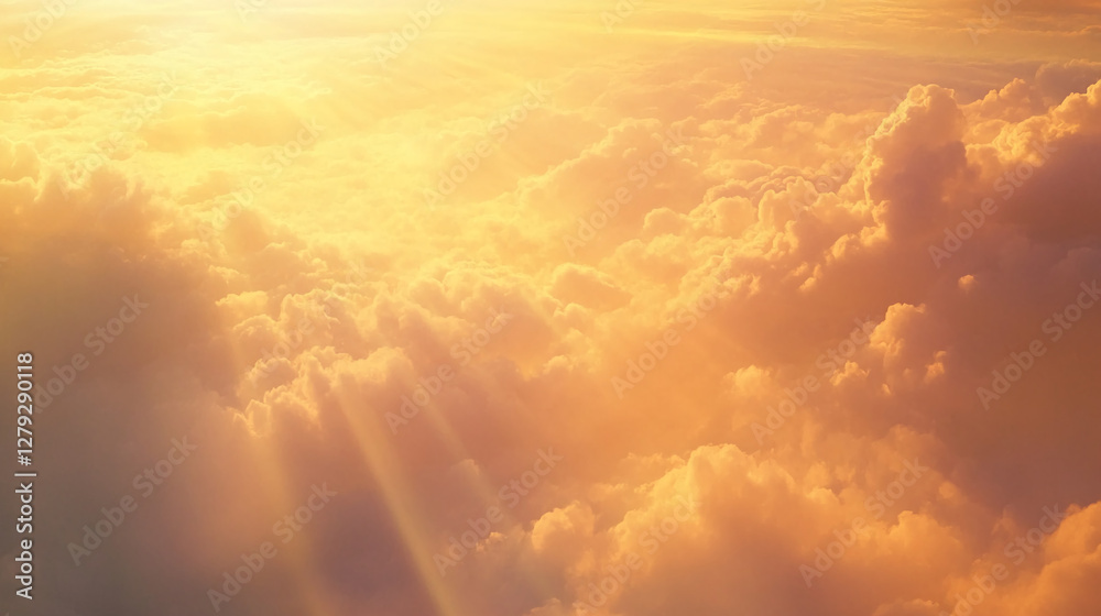 Poster a warm golden view of the clouds illuminated by sunlight, with soft light rays filtering through the