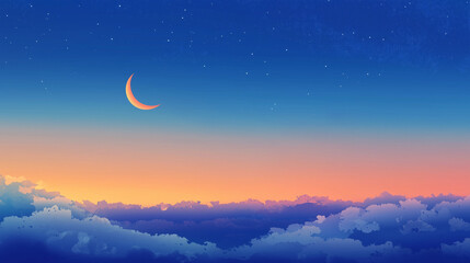 Ramadan islamic night sunset with eastern moon, Hilal and Eid clear sky at night with some clouds, fantastic type images.