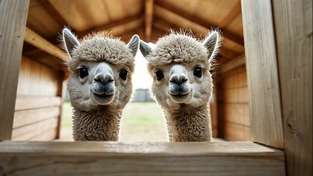 Two Fluffy Alpacas in Wooden Barn