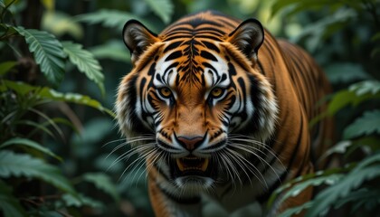 Fototapeta premium Majestic Tiger Emerging from Lush Green Jungle with Intense Gaze