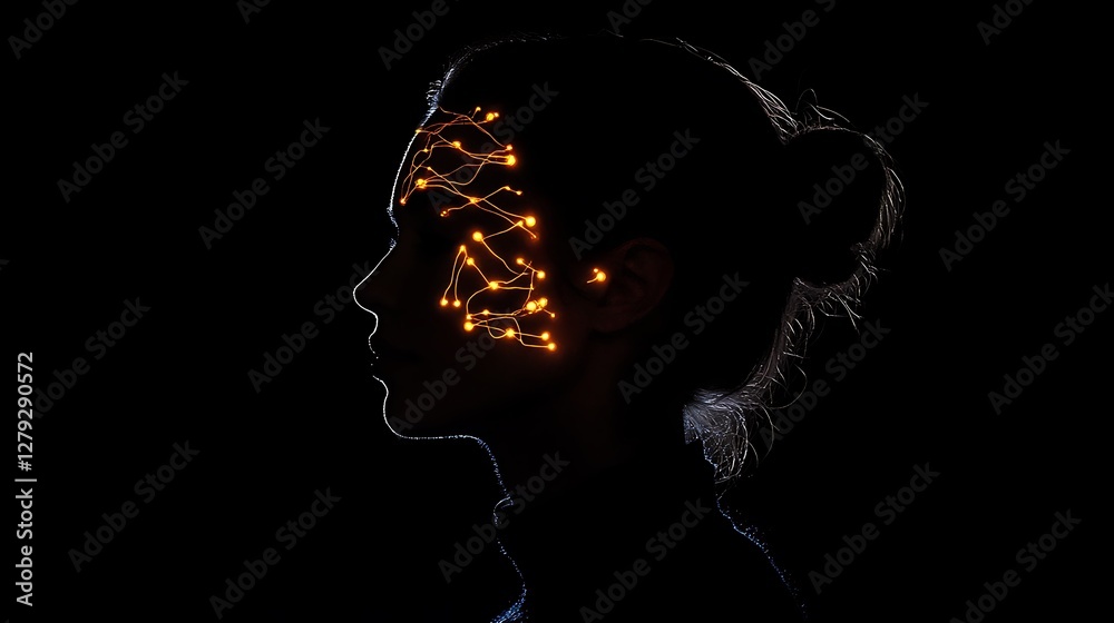 Canvas Prints Illuminated female profile, glowing lines on face, dark background.