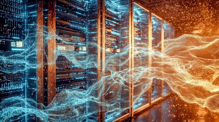Futuristic data center with holographic waves and neon cyber technology in a modern environment