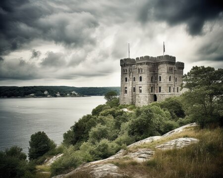 Dramatic castle landscape on a peninsula under ominous stormy skies with cinematic depth
