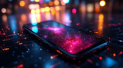 A smartphone closeup with colorful anonymizing network representation where nodes secure user anonymity