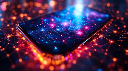 A smartphone closeup with colorful anonymizing network representation where nodes secure user anonymity