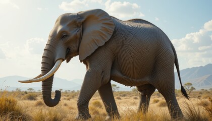 Fototapeta premium Majestic Elephant Walking in Beautiful Savanna Landscape Scene