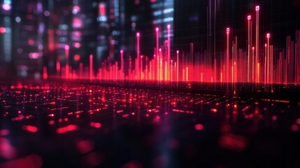 Abstract visualization of digital data represented by vibrant glowing bars in a futuristic cityscape