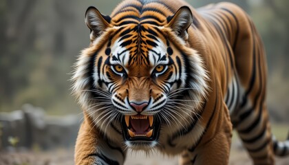 Obraz premium Majestic Tiger Roaring in a Natural Habitat with Intense Focus