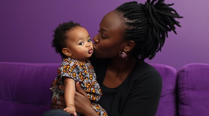 A loving African mother gives a sweet kiss to her curious baby girl with different races, as they sit on a purple sofa.