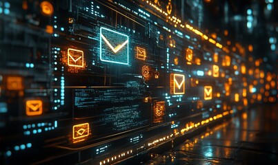 Close-up of Digital Email, Phone, and Message Icons on Modern LED Interface Display Concept for Communication and Technology