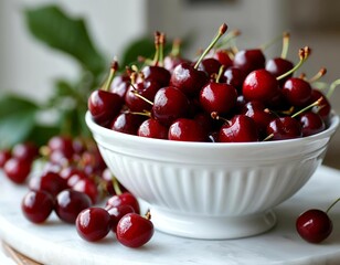 healthy eating and food concept - Cherries in white bowl. Cherry on white background.