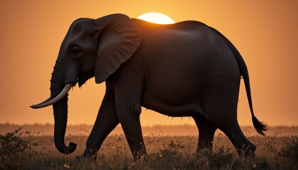 Fototapeta premium Majestic Elephant Silhouetted Against a Vibrant Sunset Sky