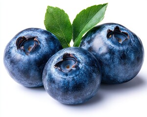 Fresh Blueberries with Green Leaves on White Background