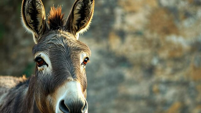 Donkey stands in sunlight against rocky background showcasing nature's beauty and animal charm